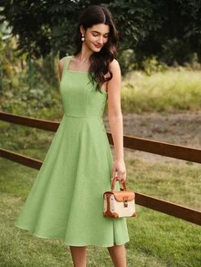 Vestido amarillo elegante vintage retro para mujer con bolsillos y botones,estilo casual de los 90 para primavera,verano,picnic,playa y vacaciones - Verde 2 - Ver 12