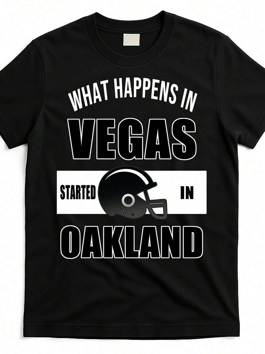 Playera casual para hombre Vegas-Shirt - Diseño gráfico What Happens In Vegas Started In Oakland, camiseta de algodón negra con cuello redondo, diseño streetwear para hombres y - Negro - Ver 1