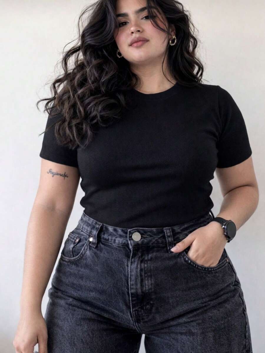 Basic T-Shirt With Round Neck, Short Sleeves, Ribbed Knit, Premium Style, Casual Everyday Wear, Comfortable, Plus Size 012 - Dark Wash - View 1