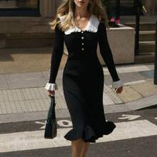 Long Knitted Dress Autumn Winter New Design Retro Style Elegant Feminine With Ruffles Fashion For Women - 黑色 - 查看 3