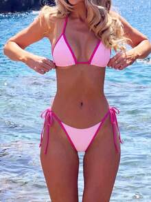 Women's Solid Color Contrast Bikini Set Set, Halter Tie Backless Swimwear, High Elastic Breathable Fabric, Party/Music Festival Swimwear, Beach Vacation Beachwear, Women's Summer Vacation Outfit, Two Pieces Beach Vacation Bikini Set - Baby Pink - View 2