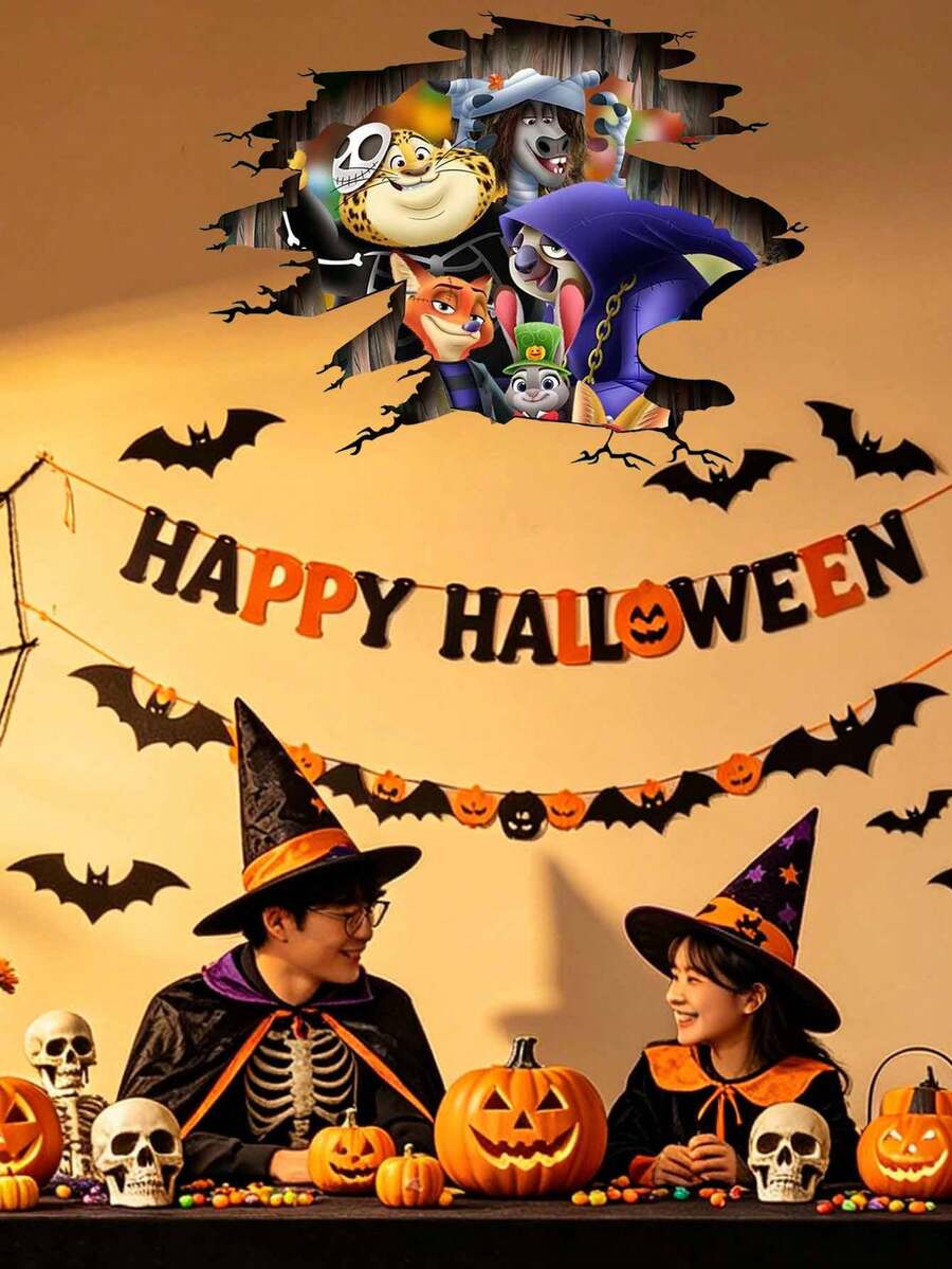 Disney 裂紋牆面壁畫 Zootopia 全角色萬聖節裝飾，詭譎 Cosplay 卡通人物印花，可移除佈局裝飾，適用晚餐派對背景、客廳、咖啡廳 - 牆貼-b1 - 查看 1
