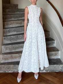 Dirp Noir Women's Summer Elegant Vintage Tea Party Palace Style White Lace Sleeveless High Neck Waist-Cinching Elegant Dress, Suitable For Elegant Party Dress, Graduation Ceremony Dress, Birthday Dress, Luxury Party Dress, Holiday Outfit, Independence Day Outfit, Wedding Guest Dress - White - View 9
