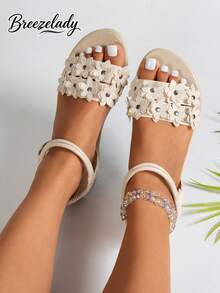 Breezelady Women's Stylish Multi-Flower Sandals, Stitched Petal Detail, Adjustable Ankle Strap, Feminine-Chic Style For Warm-Weather Daily Wear - 米色 - 查看 2