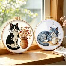 2 Styles Cute Cow/Blue Cat Handmade Embroidery Kit, Beginner Zero-Based 3D Embroidery Set, Living Room Bedroom Window Sill Decor, Warm Gift For Best Friend, Girlfriend, Couple - Multicolor - View 2