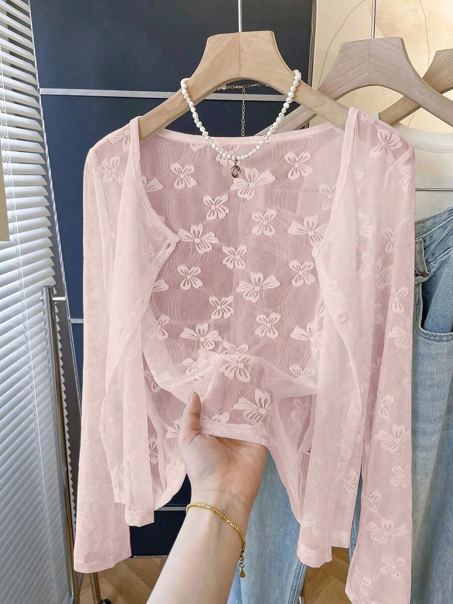Casual, Versatile And Lightweight Jacket With Jacquard Butterfly Print. - Pink - View 1