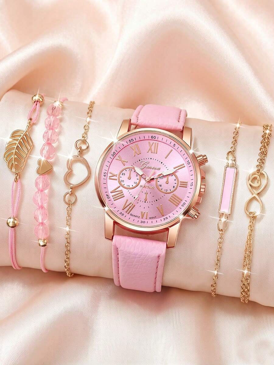 1pc Fashion PU Leather Strap Alloy Quartz Watch - Pink - View 1