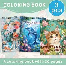 Tlenpo 3pcs/1set, Adult Coloring Book With Flower, Animal, Street Scene Patterns - 1 Book With 30 Pages, 11.2 X 8.3 Inches, For Stress Relief, Anxiety And Other Emotions, Holiday Gift, Back To School Gift, Christmas Gift, Halloween Gift, Perfect Choice For Many Holiday Gifts (Accessories Not Included) - B - View 1