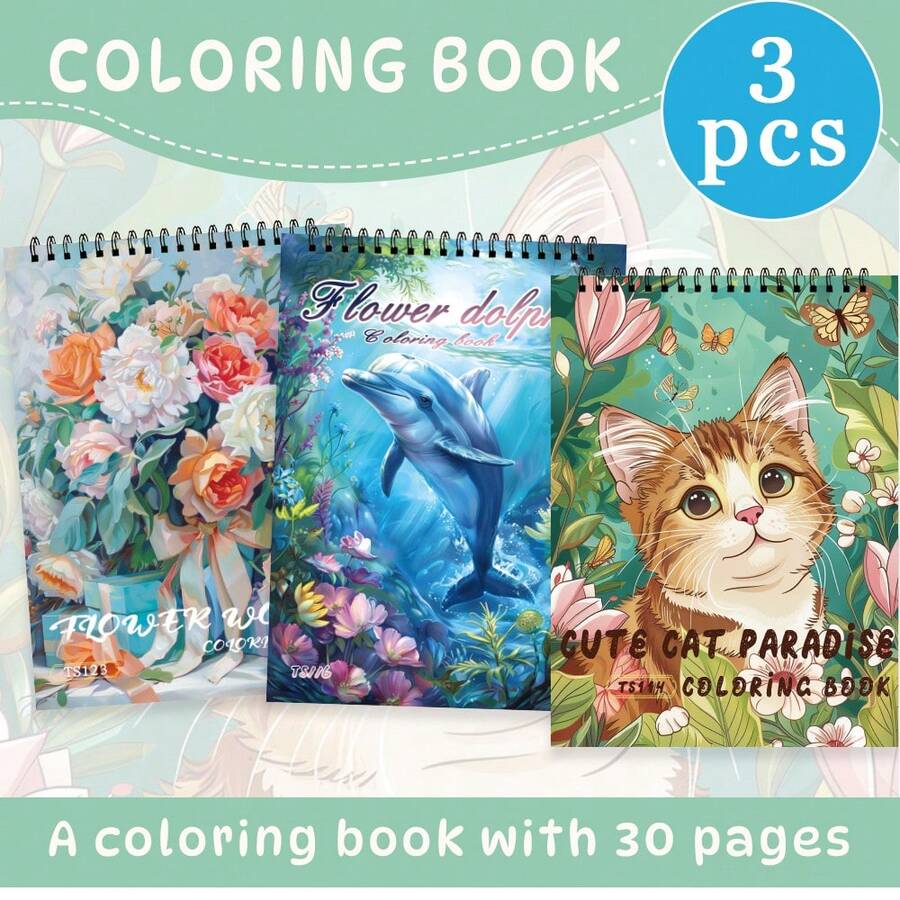 Tlenpo 3pcs/1set, Adult Coloring Book With Flower, Animal, Street Scene Patterns - 1 Book With 30 Pages, 11.2 X 8.3 Inches, For Stress Relief, Anxiety And Other Emotions, Holiday Gift, Back To School Gift, Christmas Gift, Halloween Gift, Perfect Choice For Many Holiday Gifts (Accessories Not Included) - B - View 1
