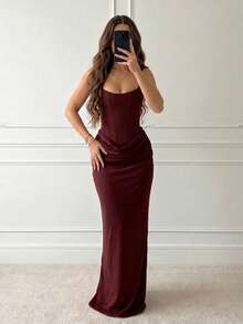 Elegant Backless Zipper Dress, Woven Fabric, Casual Sexy Party Dress For Vacation, Formal Evening, Date Night, Wedding, Birthday Party, Brown Summer - Brown - View 1