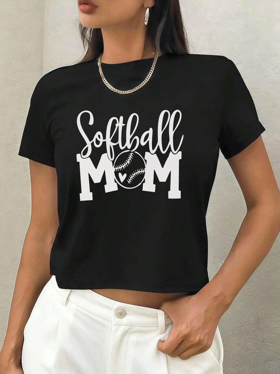 Camiseta gráfica Softball Mom Primavera, 100% algodón, estampado artístico, casual, transpirable - Negro - Ver 1