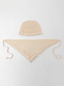 Conjunto 2 em 1 para mulher com chapéu de croché feito à mão decorado com pérolas e lenço triangular, bandana de malha fina vazada, estilo boémio, para primavera/outono, adequado para praia, viagens e uso diário - A - Ver 3