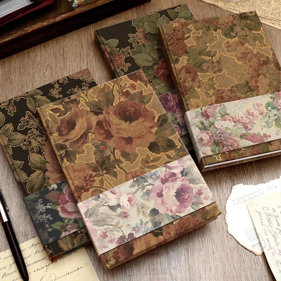 A5 Dusk Whisper Rose 硬殼筆記本，4款復古花卉封面款式（白、粉、紫、紅玫瑰），金色燙金線條剪貼簿日記本，224頁 120gsm 厚紙，可攜式學生日記，適合返校季