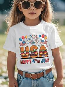 Girls' Short-Sleeved T-Shirt From The 'American Independence Day' Collection With Cartoon Prints Such As 'HAPPY 4TH OF JULY', Hamburger, United States, American Flag - 灰色 - 查看 9