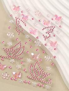 Pink Butterfly Flower 3D Glitter Rhinestone Face Jewels, Y2K Self-Adhesive Rhinestones, DIY Concert Disco Party Shiny Face Decoration - 粉色 - 查看 6