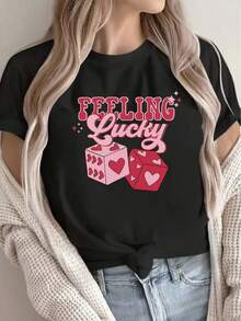 1 Pack Of Women's Valentine's Day T-Shirts | Soft, Comfortable, Lightweight, Round-Neck Casual T-Shirt With A Heart Design And Pink Print, Suitable For Parties And Dates - 黑色 - 查看 1