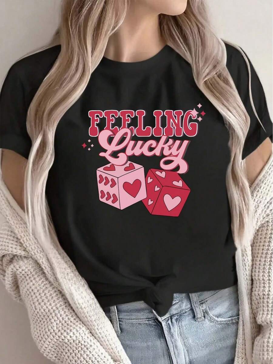 1 Pack Of Women's Valentine's Day T-Shirts | Soft, Comfortable, Lightweight, Round-Neck Casual T-Shirt With A Heart Design And Pink Print, Suitable For Parties And Dates - 黑色 - 查看 1
