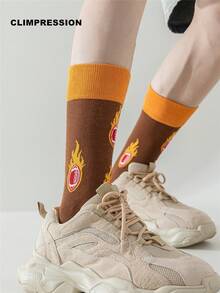 CLIMPRESSION Cotton Unisex Creative Mid-Calf Socks, Brown & Yellow Pattern, Fun Casual & Dress Socks - Orange - View 7