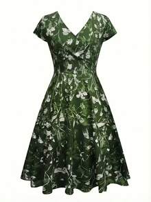 Midi Dress With Pocket And V-Neck, Elegant Floral Print For Spring, Summer And Autumn - 綠色的 - 查看 3