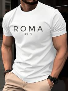 Men's Short-Sleeved T-Shirt, Lightweight And Elegant, With A Round Neck Design, Simple And Exquisite "ROMA ITALY" Print, Modern And Simple Design. - White - View 1
