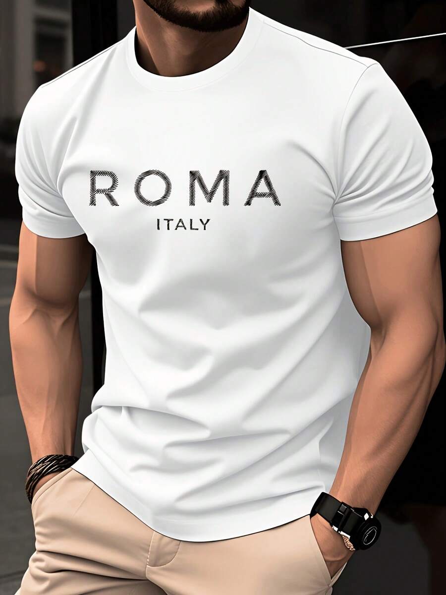 Men's Short-Sleeved T-Shirt, Lightweight And Elegant, With A Round Neck Design, Simple And Exquisite "ROMA ITALY" Print, Modern And Simple Design. - White - View 1
