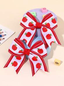 2 pièces/Set Pinces à cheveux nœud imprimé pomme pour filles, accessoires de cheveux mignons avec pince crocodile pour étudiantes, pinces à cheveux quotidiennes pour adolescentes - Rouge - Voir 4