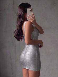 Elegant Summer Mini Metallic Bodycon Spaghetti Strap Ribbed Dress Sexy Bandage Dress Silver Night Out Evening Party Dress For Women - Silver - View 10