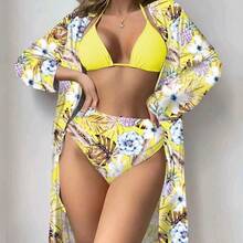 Conjunto de Baño 3 Piezas Estampado Tropical Flores y Piñas, Bikini Halter Negro Liso, Braguita Alta Cintura + Kimono Largo Estampado para Playa y Piscina - Amarillo - Ver 2