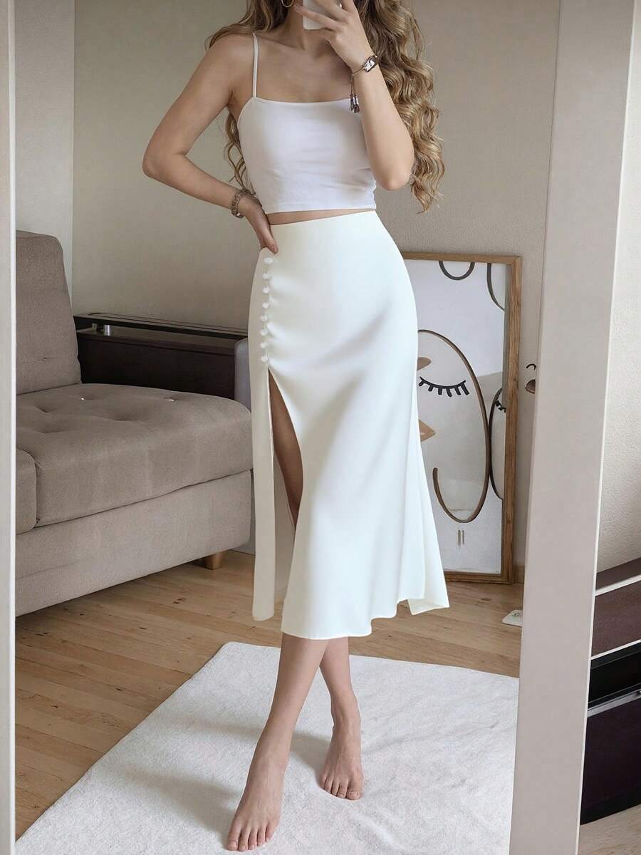 Nueva falda de satén con múltiples botones para mujer, ideal para primavera y otoño - Blanco - Ver 1