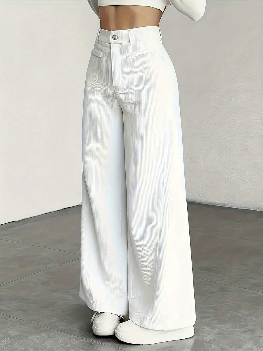Women's High Waist Wide Leg Trousers - Corduroy Texture, Casual Pants, Comfortable For All Seasons, Machine Washable - 白色的 - 查看 1
