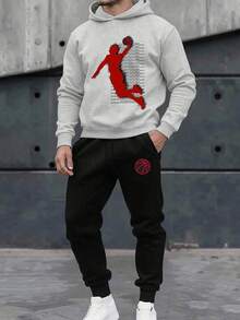 Teen Boy Slogan Print Long Sleeve Warm Hoodie And Pants Casual Set - Grey - View 1