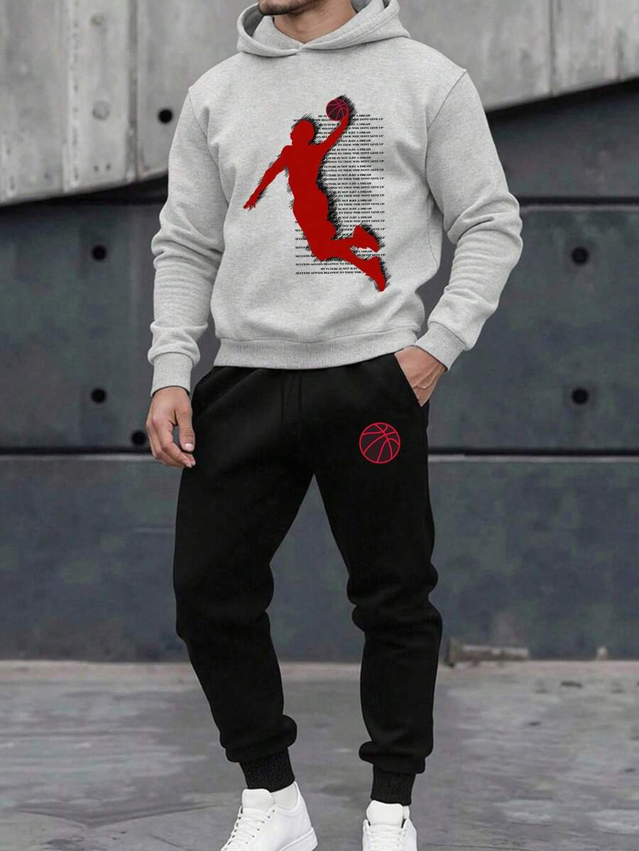 Teen Boy Slogan Print Long Sleeve Warm Hoodie And Pants Casual Set - Grey - View 1