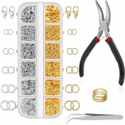KLONKEE 1200件珠寶製作跳環套裝 - 包含銀色和金色環、龍蝦扣、鉗子、鑷子和開瓶器 - 適合DIY手鍊、項鍊和手工藝品