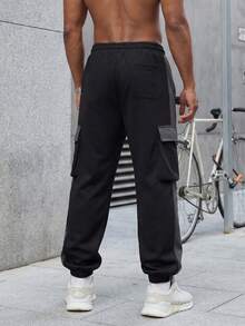 Men's Colorblock Patchwork Cargo Jogger Sweatpants With Drawstring Waist, Multi-Pockets, High Street Casual Sports Long Pants - Black - View 3