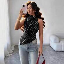 Sleeveless Blouse With High Neck And Polka Dots For Women, Gathered Waist, Irregular Asymmetric Hem, Ideal For The Office, Everyday Wear, Casual Occasions And Urban Outfits. - 黑色 - 查看 1