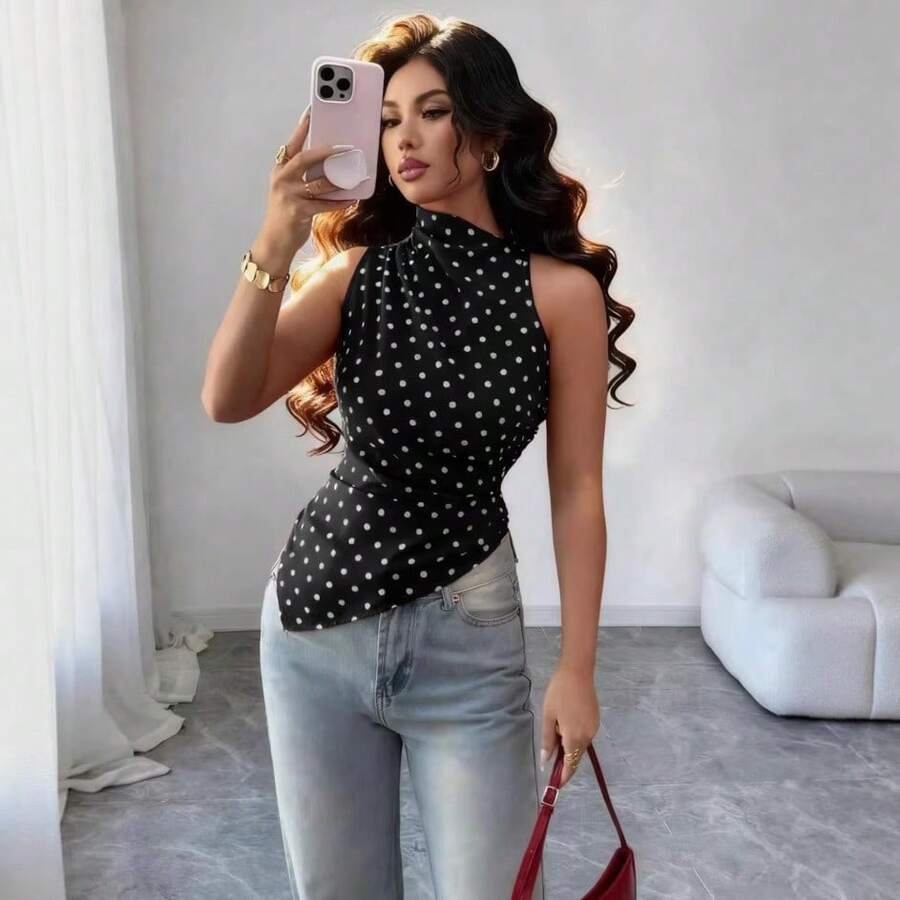 Sleeveless Blouse With High Neck And Polka Dots For Women, Gathered Waist, Irregular Asymmetric Hem, Ideal For The Office, Everyday Wear, Casual Occasions And Urban Outfits. - 黑色 - 查看 1
