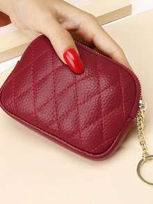 Caramel Diamond-Quilted Pebbled Coin Purse With Key Ring, Holds Coins, Cards, Car Key & Lipstick, Retro Style, Portable For Commute. - Multicolor - View 12