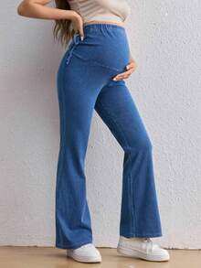 Jeans ceñidos elásticos de tiro alto para mujer embarazada, azules informales para maternidad - Azul lavado oscuro - Ver 4