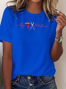 NEW Women's "Hair Stylist Heartbeat Cut Art" T-Shirt, For Everyday Wear, Modern Print, Comfortable Fabric, Casual Style - Unisex Cotton T-Shirt, Short Sleeve, Round Neck, Vin Style - 藍色 - 查看 1