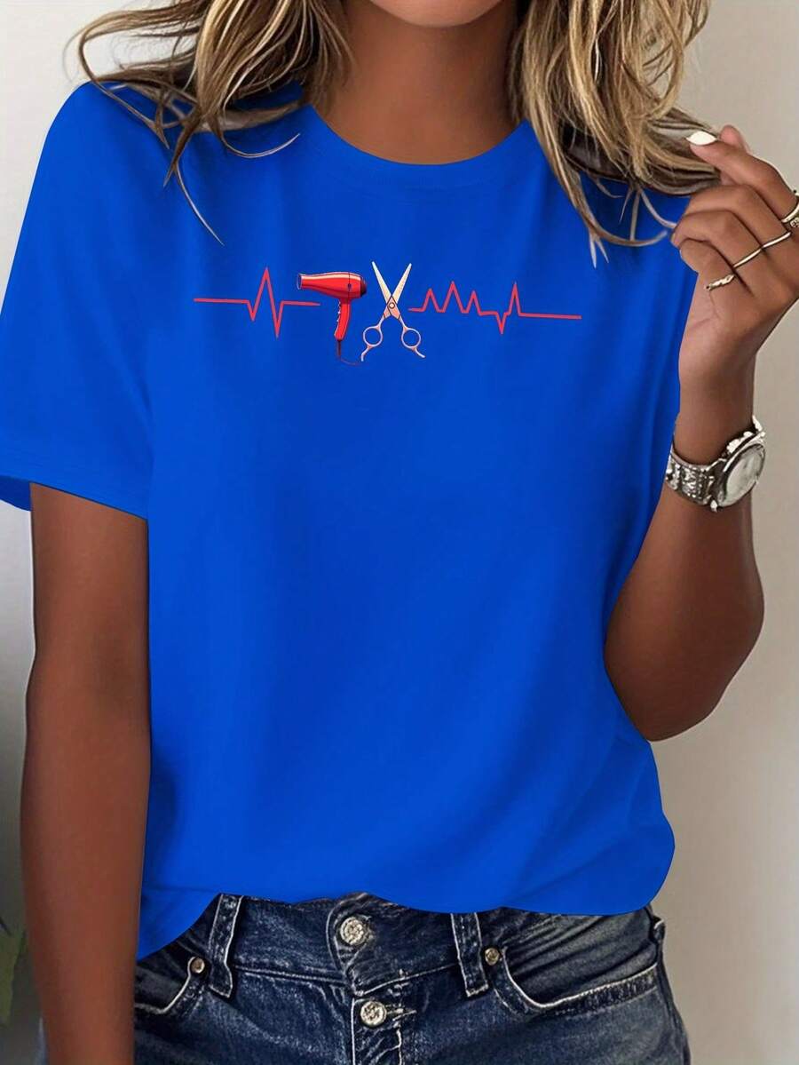 NEW Women's "Hair Stylist Heartbeat Cut Art" T-Shirt, For Everyday Wear, Modern Print, Comfortable Fabric, Casual Style - Unisex Cotton T-Shirt, Short Sleeve, Round Neck, Vin Style - 藍色 - 查看 1