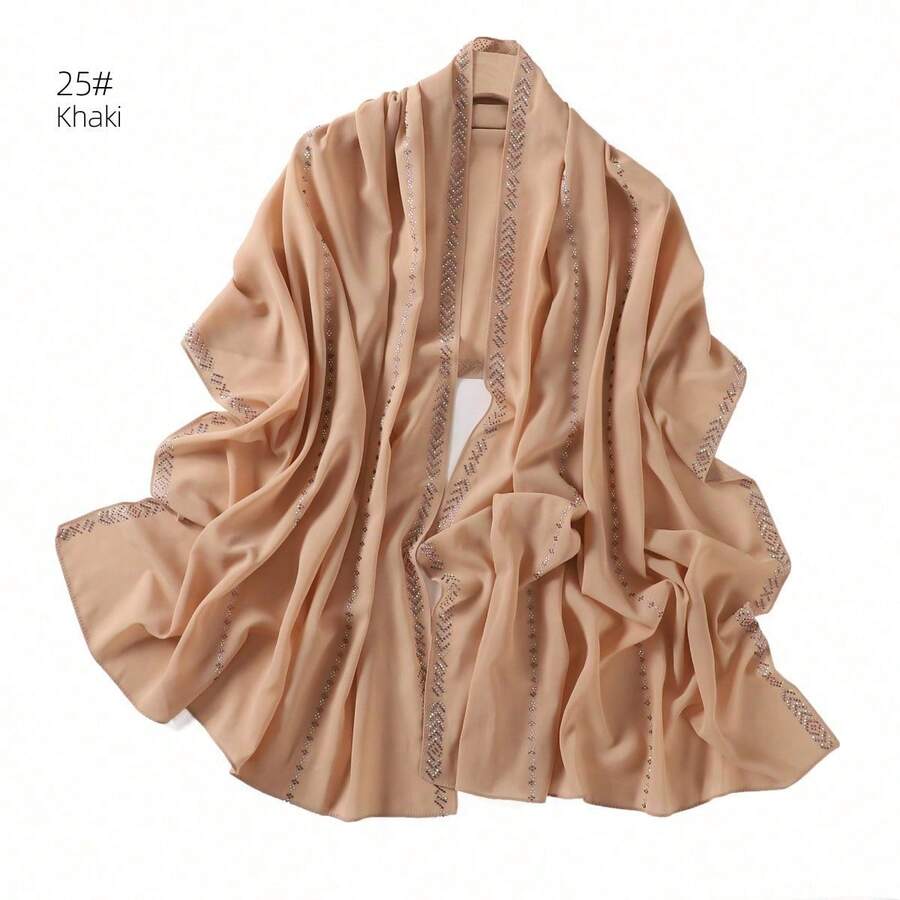 1 Piece Solid Color Rhinestone Chiffon Hijab, Elegant Faux Rhinestone Scarf, Sunscreen Shawl For Women, Ideal For Dresses. - Khaki - View 1