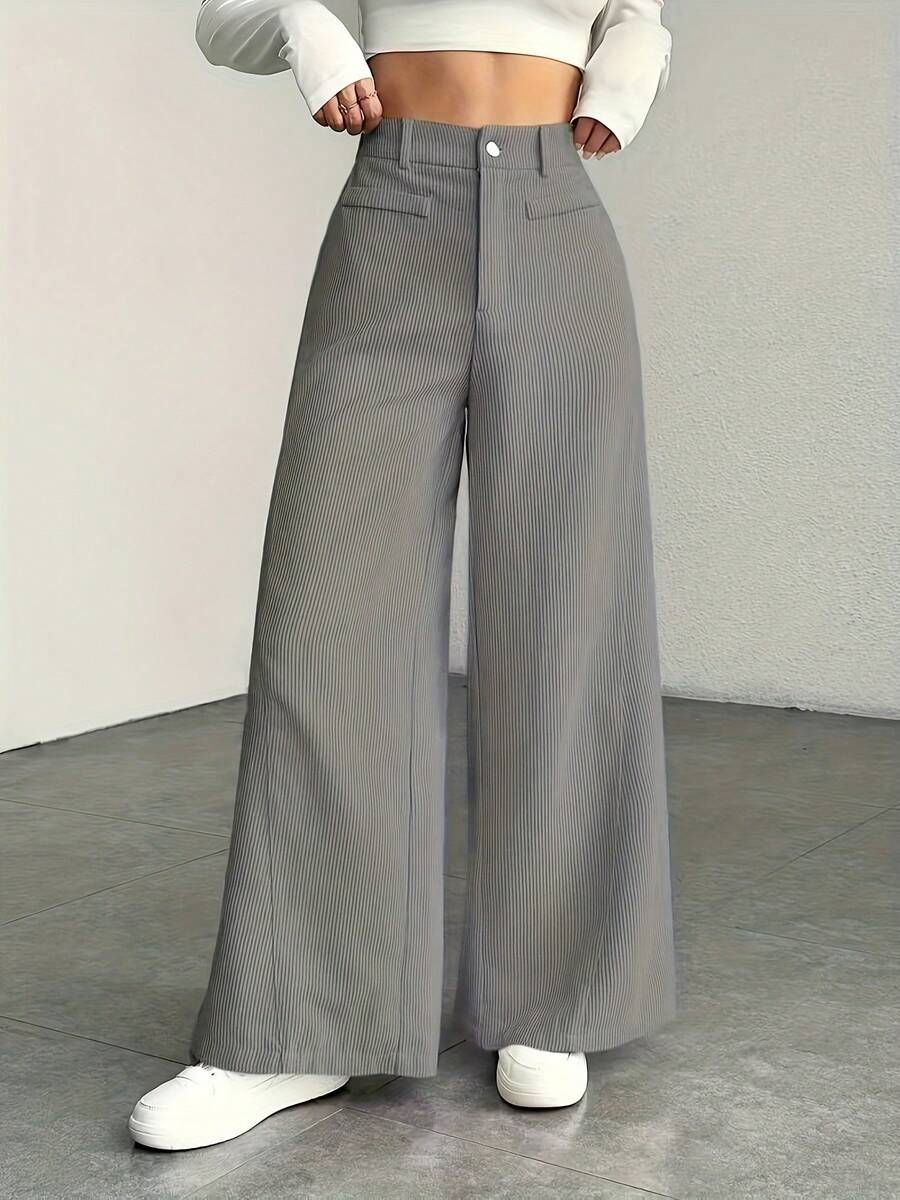 Women's High Waist Wide Leg Trousers - Corduroy Texture, Casual Pants, Comfortable For All Seasons, Machine Washable - 灰色的 - 查看 1