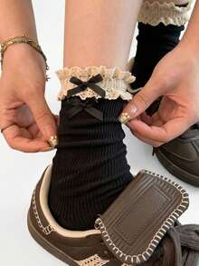 1 Pair Lace Trim Bow Jacquard Mid-Calf Socks, Sweet Girl Style Versatile Slouch Socks, All Season, With Ruffle Edge - Multicolor - View 4