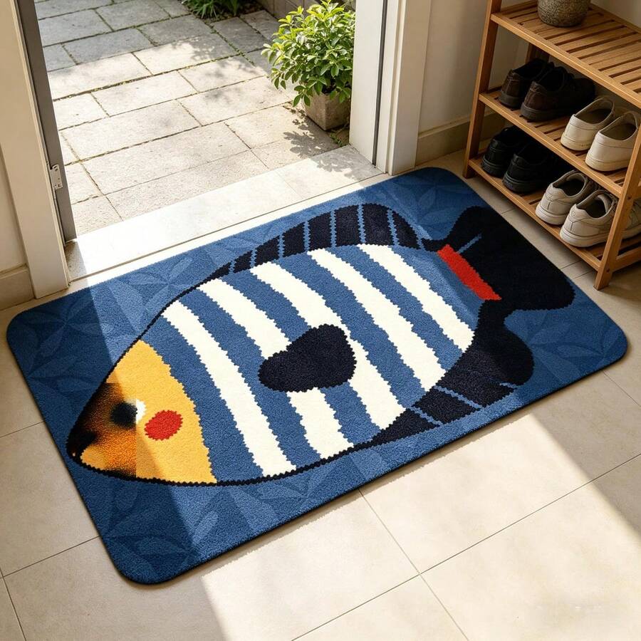 1 Peça Tapete Retangular de Flanela Macia com Estampa Fofa de Peixe Tropical Azul e Branco Listrado com Base de Folha Azul Profundo, Fibra de Poliéster com Bottom Antiderrapante, Absorvente e Secagem Rápida, Lavável em Máquina, Tapete Decorativo Adequado para Sala de Jogos, Cozinha, Quarto, Casa de Campo, Corredor, Lavanderia, Tapete de Cozinha, Decoração para Casa, Todas as Estações