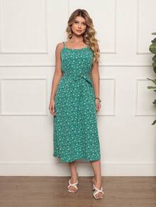 Women's Long Strap Dress | Crepe With Elastec L Little Flower I Off The Shoulder. Little Flowers Fabric With Belt Beach Holiday Wedding Home Garden Formal And Night Bachelorette Party - 墨綠色 - 查看 8