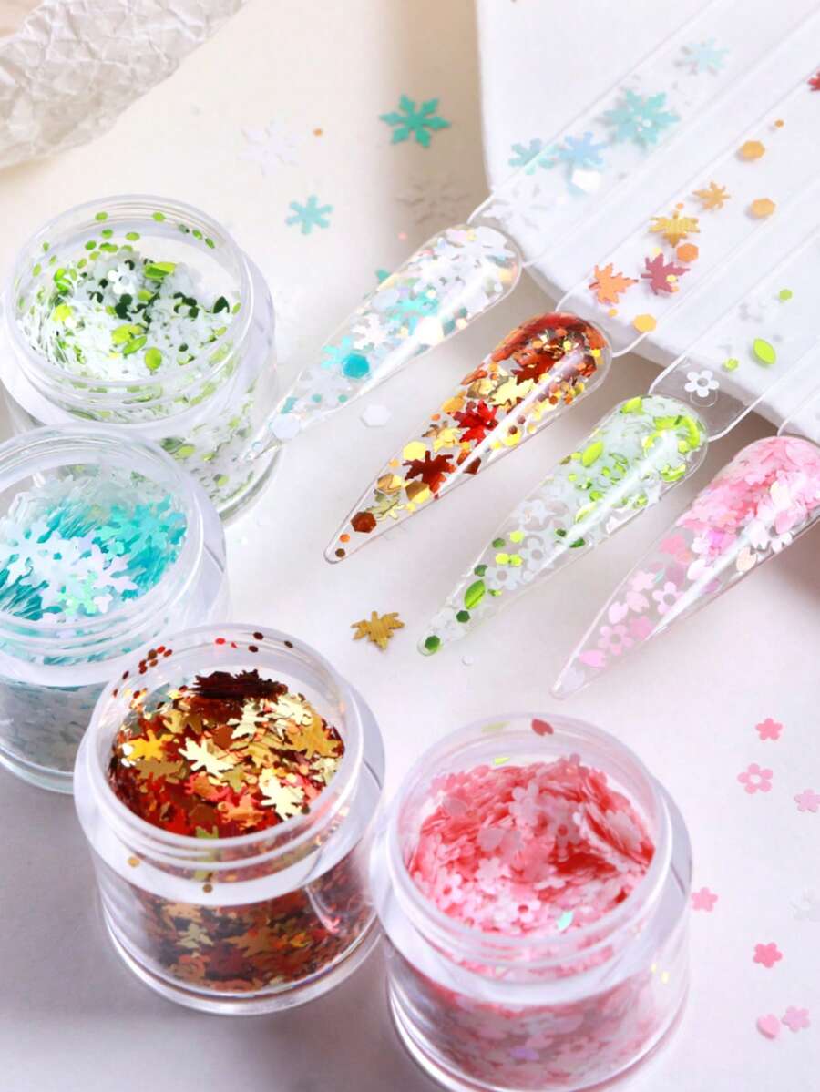 四季主題美甲亮片,雪花楓葉小花混色全息亮片,春夏秋冬 DIY 可穿戴美甲奶油膠裝飾亮片美甲飾品 - 彩色 - 查看 1