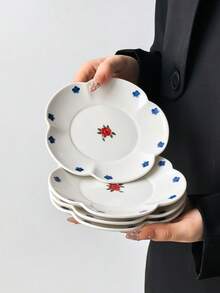 1 pieza/4 piezas Platos de cerámica con estampado floral multicolor, platos de 6 pulgadas con borde floral pintado a mano estilo Ins, plato para joyas, plato para postres, plato para aperitivos, plato para pasteles, bandeja, plato multiusos, regalo para amigos - Multicolor - Ver 14
