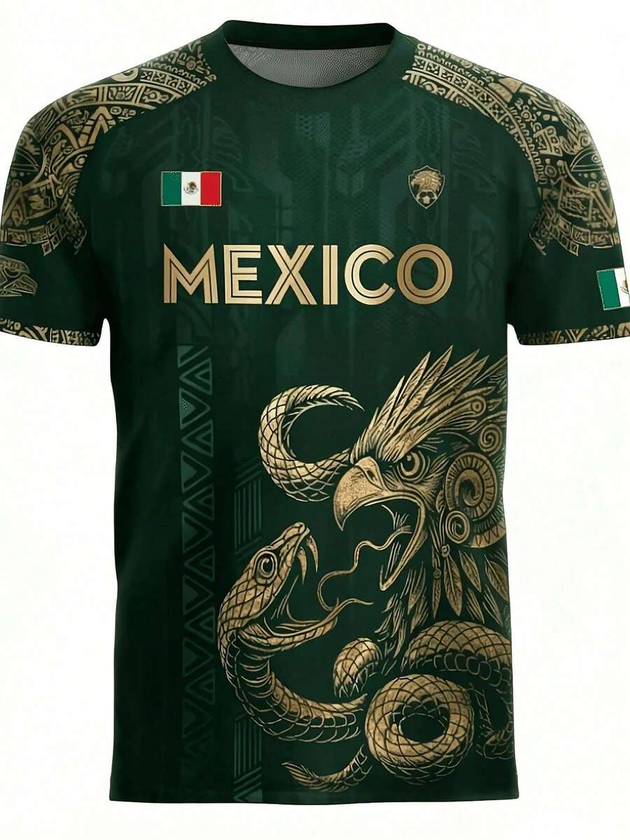 Camiseta para hombre con estampado de la bandera de México, divertido patrón de águila 3D, manga corta, para exteriores, fútbol, deportes, casual, lavable a máquina - Azul - Ver 1