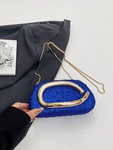 Women's Rhinestone Rounded Rectangular Evening Clutch, Front Curved Oval Handle Handbag, Fashion Crossbody Bag, Suitable For Wedding, Ball, Valentine's Day Party - Blue - View 5