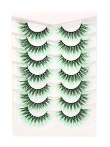 7 Pairs Green Cotton Thread Black Stem Dense Fish Tail Style False Eyelashes, Suitable For Festivals, Parties, Gatherings And Other Holiday Occasions, 20mm - 彩色 - 查看 11